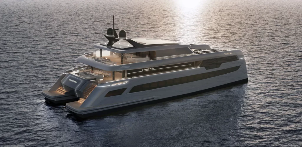 Die Sunreef 49M Yacht ist gegen den Abendhimmel beleuchtet, wobei die leuchtenden Lichter ihr elegantes, futuristisches Design hervorheben. Die Pracht des Schiffes wird durch den Kontrast von Licht und dunklem Wasser unterstrichen.