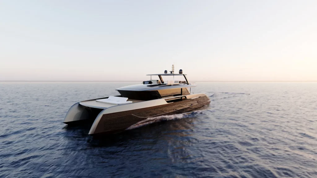 Die Sunreef 88 Ultima bei Sonnenuntergang, mit betont flachen Rümpfen und klaren Linien für maximale Leistung und Ästhetik.